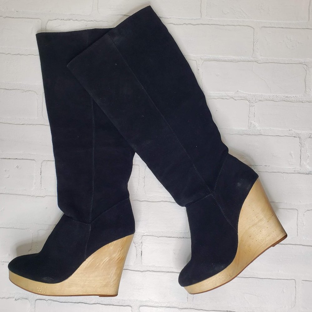 UO | Cooperative Black Suede Wedge Knee Boots - Picture 3 of 5